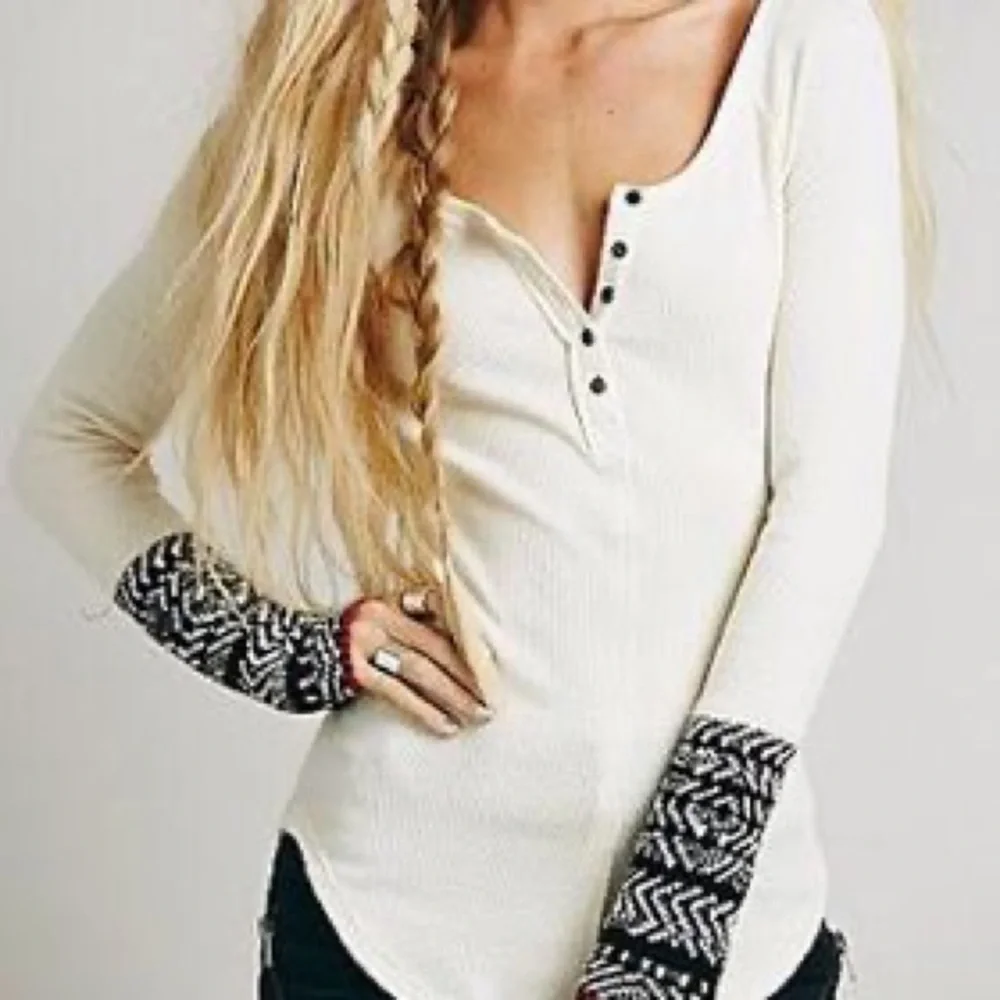 Free People Alpine Cuff Thermal Henley Cream Black White Red